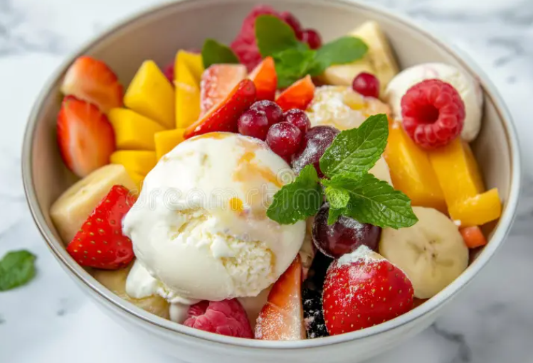 BIG PLATE OF FRESH SEASONAL FRUITS WITH ICE CREAM